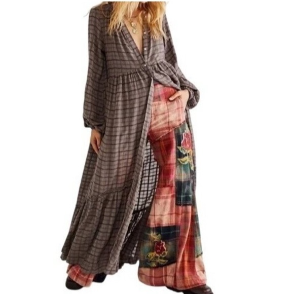 Free People Womens S Oversized Brown Plaid Prairie Edie Maxi Dress - Picture 2 of 10